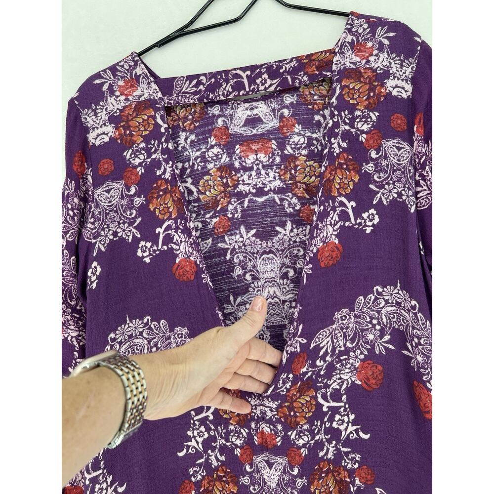 Free People Purple Floral Boho Tunic Top Open Back Bell Sleeve Womens Large - Picture 9 of 12